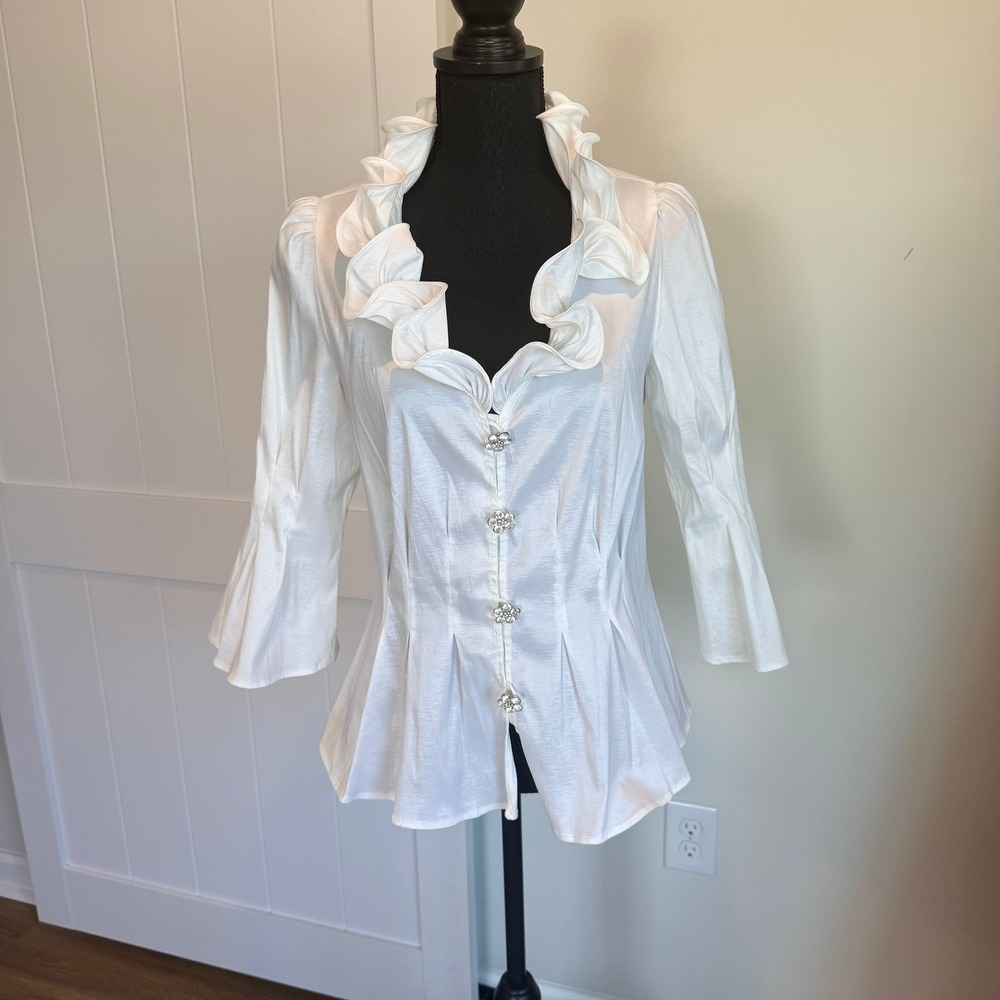 Chetta B Womens White Ruffle Collar Crystal Button Peplum Blouse Size 10 Holiday